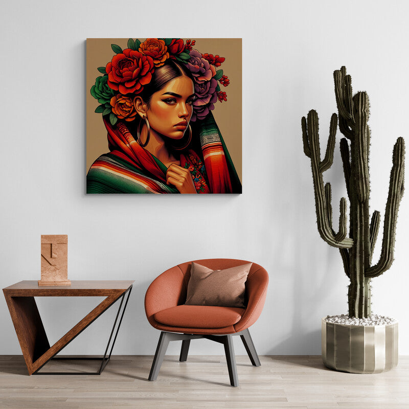Pintura de mujer con corona de flores y chal colorido que evoca tradición cultural.