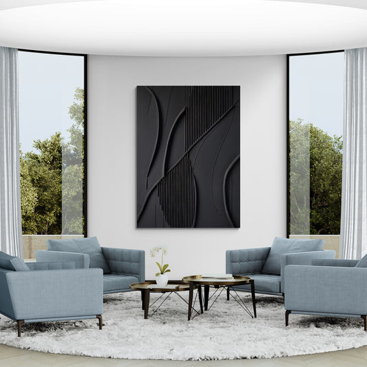 Cuadro decorativo negro en relieve con diseño abstracto de líneas curvas y verticales estilo moderno y minimalista