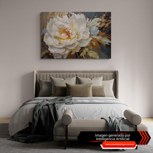 Flor peonia blanca enmarcada en un fondo dorado y grises sutiles