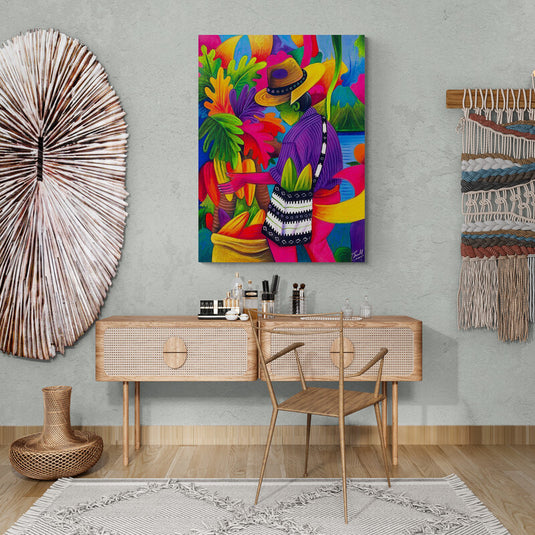 Cuadro decorativo folclórico latinoamericano con campesino y flores arte colorido vibrante estilo costumbrista