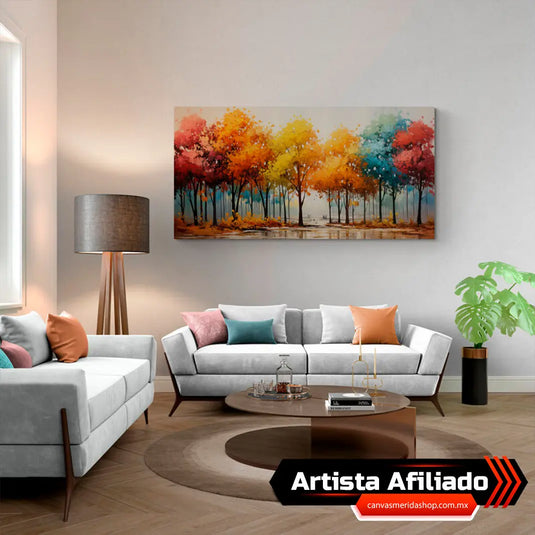 Cuadro Decorativo: Bosque Colorido con Árboles en Amarillo, Rojo, Morado, Azul, Verde y Destacados Naranjas