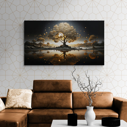 Pintura de árbol iluminado al atardecer con reflejo en el agua