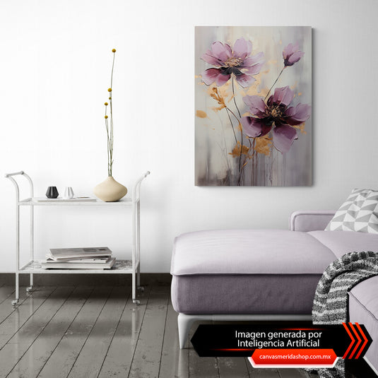 Cuadro decorativo de flores moradas con fondo gris y pétalos dorados
