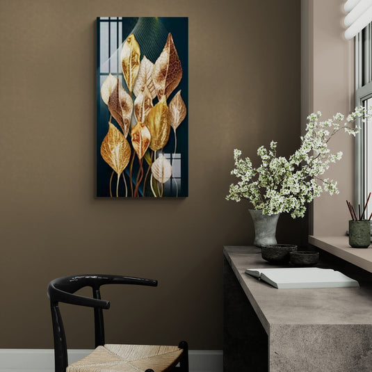 Cuadro de hojas doradas con fondo verde abstracto y detalles geométricos