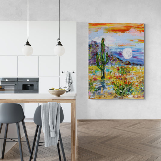 Cuadro decorativo de paisaje desértico con cactus al atardecer en estilo impresionista arte colorido con textura al óleo