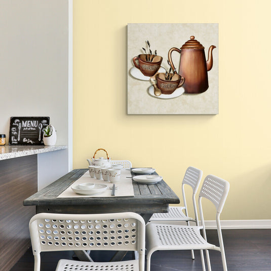 Ilustración vintage de dos tazas de café humeante y una cafetera clásica en tonos cobre sobre fondo beige, ideal para decoración de cocina o cafetería con estilo retro y acogedor.