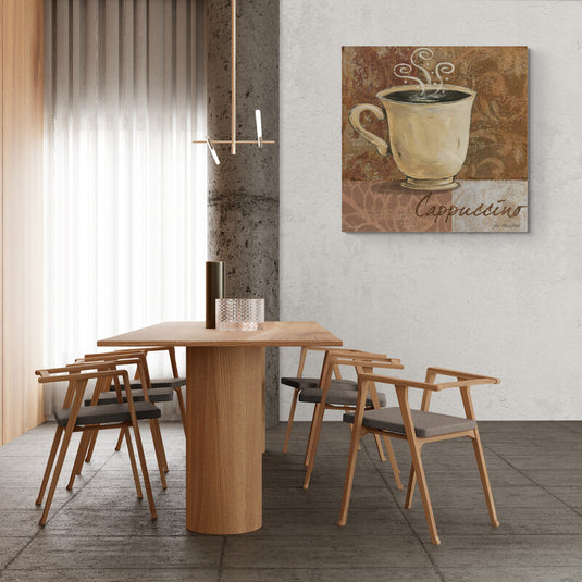 Ilustración artística de una taza de cappuccino humeante sobre fondo texturizado en tonos tierra con diseño vintage, ideal para decoración de cocina o cafetería estilo rústico.