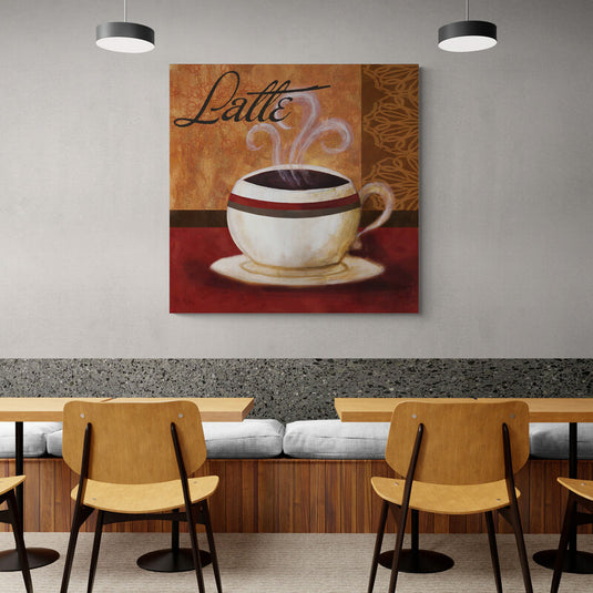 Pintura decorativa de una taza de café latte humeante con fondo texturizado en tonos cálidos y diseño elegante, ideal para decoración de cocina o cafetería con estilo moderno y acogedor.