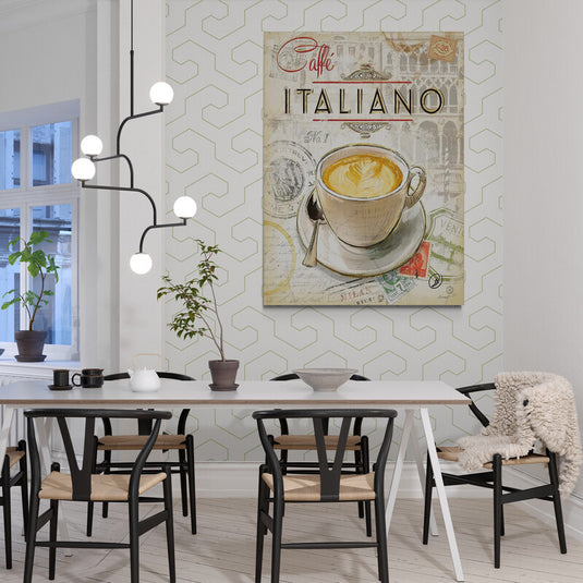 Ilustración artística de una taza de café italiano estilo vintage con fondo de postales, sellos y arquitectura veneciana, ideal para decoración temática de cocina o cafetería europea.