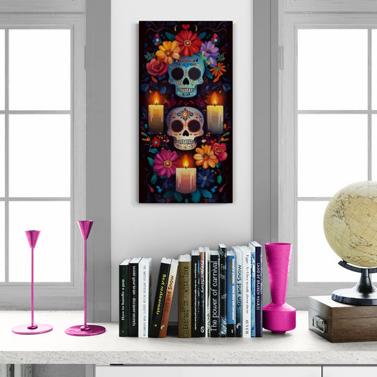 Cuadro decorativo de calaveras mexicanas con flores y velas estilo Día de Muertos