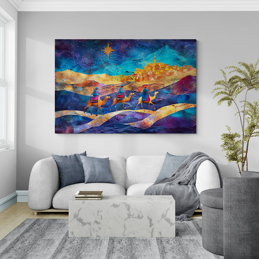 Cuadro decorativo Camino a Belén con Reyes Magos y estrella de Navidad en colores vibrantes