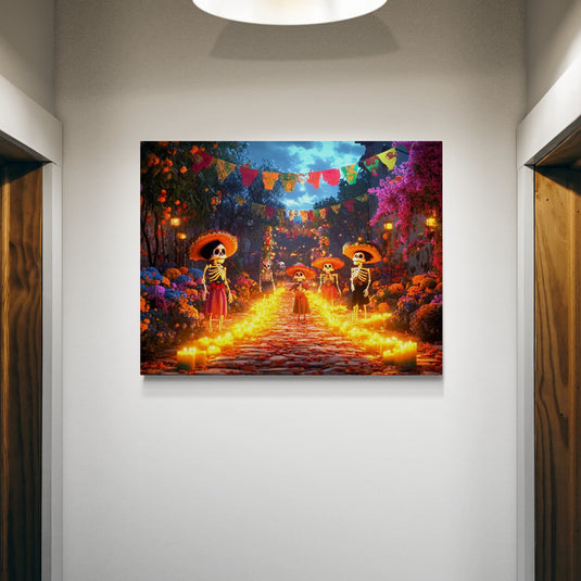 Cuadro decorativo Camino de Almas con catrinas y velas para Día de Muertos