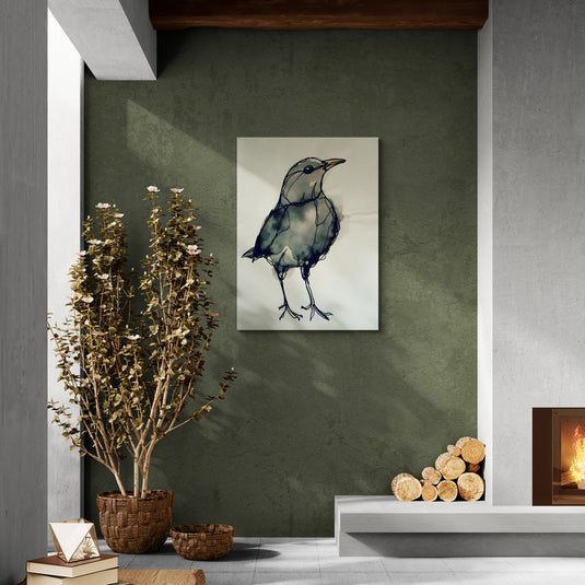 Ilustración de un pájaro en acuarela con contornos negros y sombras en gris y marrón, sobre un fondo blanco.