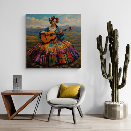 "Cuadro de mujer con guitarra en traje tradicional"