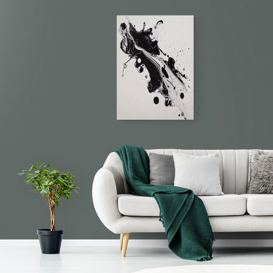 Cuadro decorativo abstracto en blanco y negro – Salpicaduras dinámicas sobre fondo
