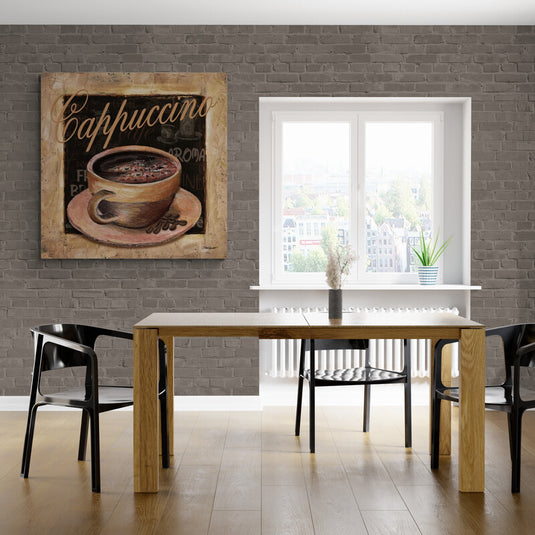 Ilustración artística de una taza de cappuccino con espuma sobre plato, fondo oscuro con palabras relacionadas al café, estilo vintage ideal para decoración de cocina o cafetería temática.