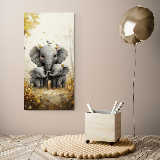 Familia de elefantes abrazados en un bosque otoñal, rodeados de hojas caídas y aves.