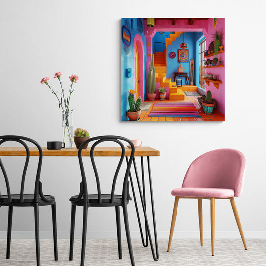 Interior colorido de estilo mexicano con cactus y textiles