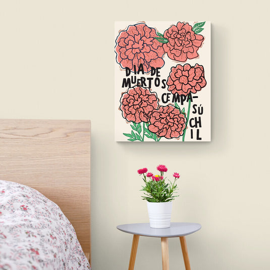Cuadro decorativo con fondo blanco, cempasúchil rosa, hojas verdes y frase 'día de muertos cempasúchil