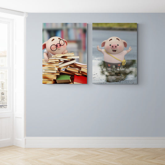 Decoración infantil con cuadros de cerdito caricaturesco leyendo libros y jugando en un charco arte tierno y divertido para habitaciones de niños