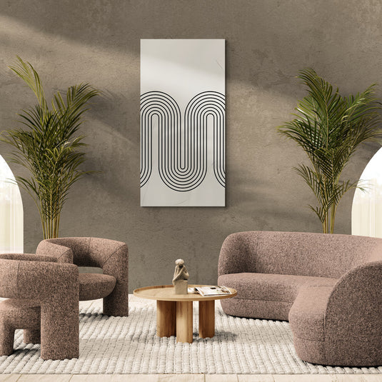 Diseño geométrico abstracto de líneas negras curvadas en patrones repetitivos sobre un fondo beige.