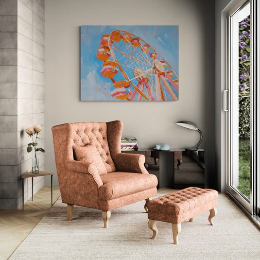 Pintura de rueda de la fortuna en tonos pastel para decoración moderna y nostálgica.