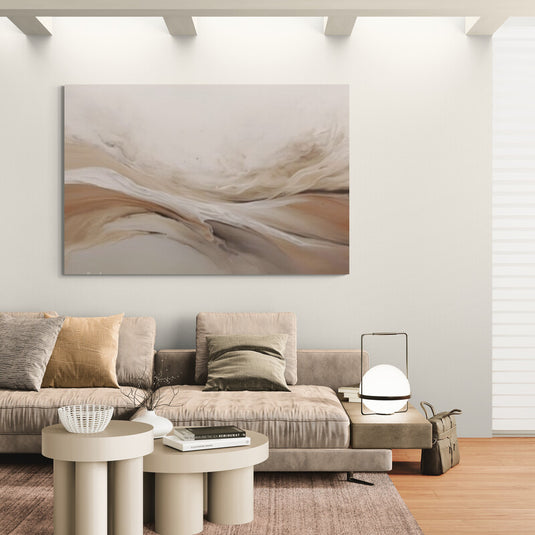 Cuadro abstracto decorativo con formas fluidas en tonos beige y ocres que evocan movimiento de arenas naturales
