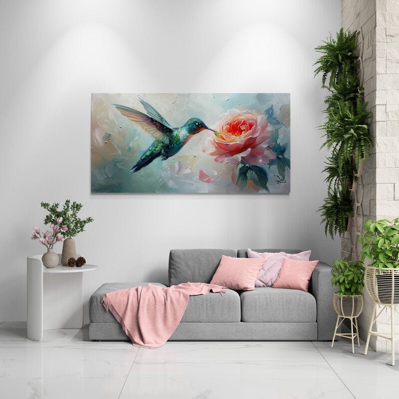 Pintura de un colibrí volando hacia una rosa grande