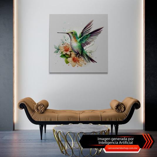 Cuadro decorativo con colibrí verde y flores naranjas sobre fondo blanco