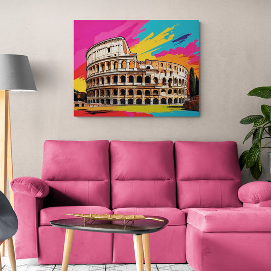 Arte pop del Coliseo Romano con cielo abstracto y colores brillantes