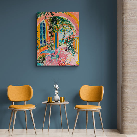 Cuadro colorido de patio con vegetación en estilo impresionista.