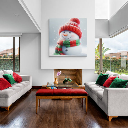 Muñeco de nieve sonriente con gorro y bufanda rojos en ambiente nevado