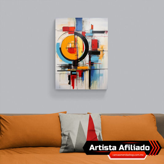 Composición abstracta con anillos concéntricos y paleta de colores vibrantes