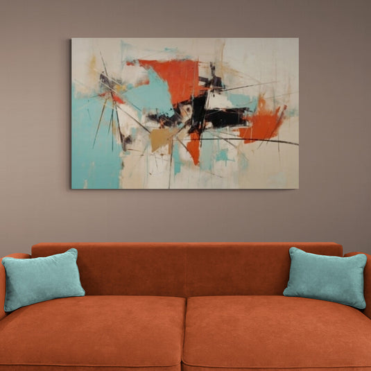 Cuadro decorativo abstracto moderno con trazos dinámicos en tonos turquesa, naranja y negro estilo artístico contemporáneo
