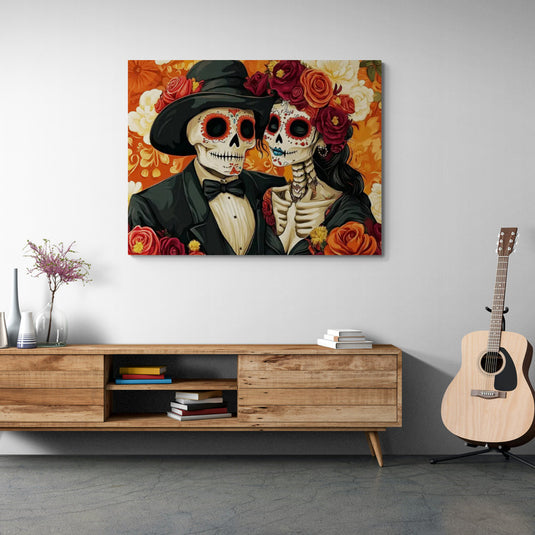 Cuadro decorativo pareja de calaveras elegantes con flores Día de Muertos – Arte mexicano colorido