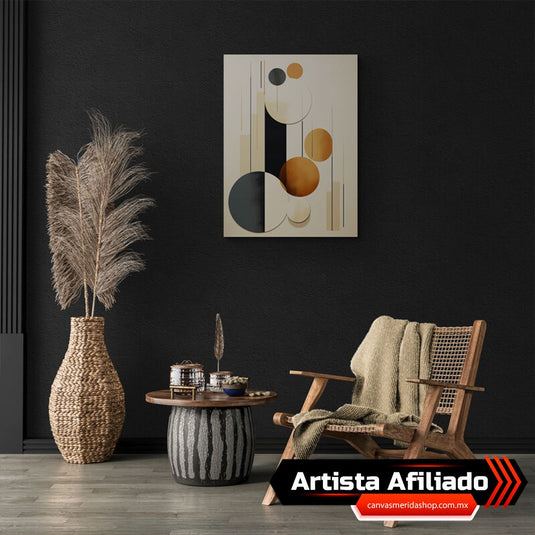 Composición minimalista con círculos y líneas en tonos tierra y neutros