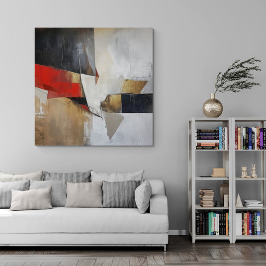 Cuadro abstracto geométrico en tonos neutros con rojo