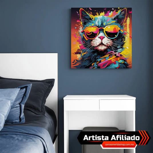 Arte pop de gato con gafas de sol en colores vibrantes estilo graffiti urbano