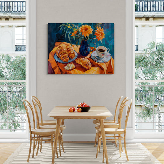 Pintura de croissants, café y flores para decoración de cocina o comedor