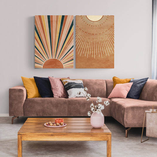 Conjunto de dos soles en momentos opuestos del día, con estilo boho