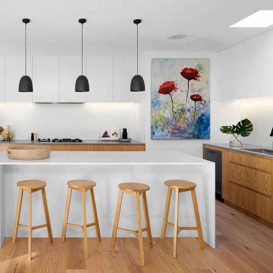 Cuadro decorativo: Amapolas rojas en un fondo abstracto de tonos azules y verdes