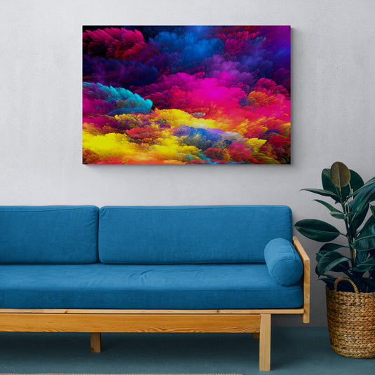 Pintura abstracta con explosión de colores vibrantes en fucsia, amarillo y azul