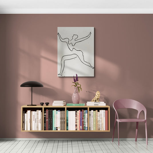 Silueta minimalista en negro de una figura danzando, formada por una línea continua sobre un fondo neutro.