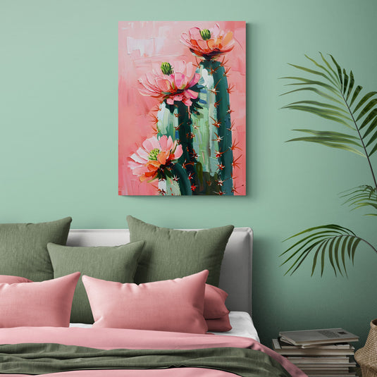 Lienzo colorido de cactus en flor en tonos rosa y verde