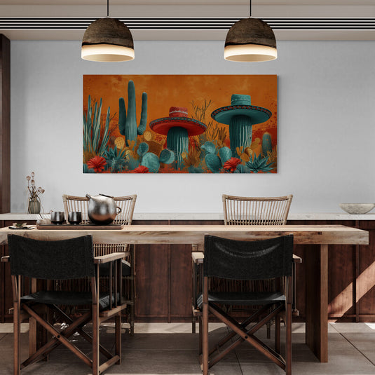 Cactus con sombreros en fondo naranja surrealista