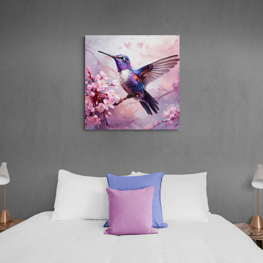 Colibrí Morado en Rama de Cerezo en Flor