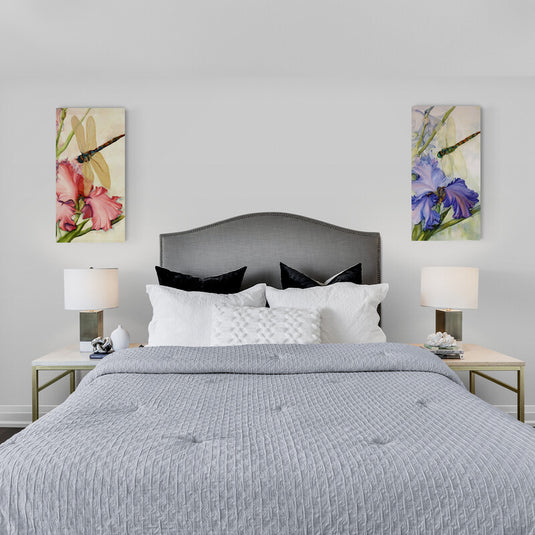 Cuadros Decorativos Amarillos con Flores Roja y Morada y Libélulas