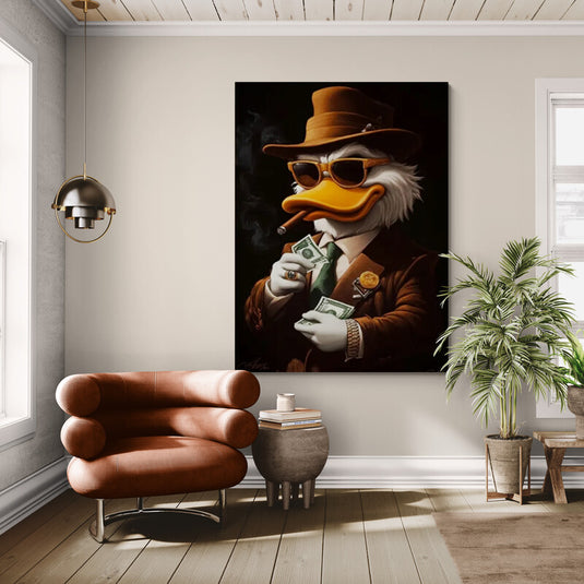 Cuadro estilizado de pato mafioso con traje marrón, gafas oscuras y billetes, estilo caricaturesco y elegante.