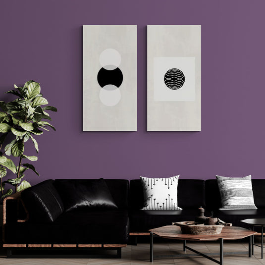 Díptico abstracto minimalista círculos y líneas onduladas