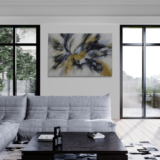 Arte abstracto en gris, negro y dorado con movimiento dinámico
